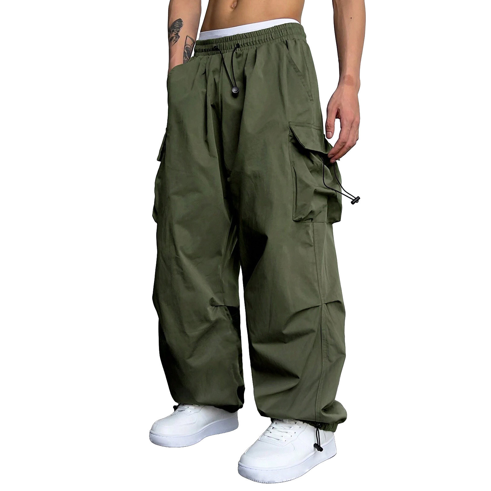 thumbnail image 2 of Pantalones cargo informales para hombre: color liso, cuatro bolsillos, cintura ajustable, material de imitación de sarga, ropa urbana para todas las estaciones, tallas US/UK/EU S-XXXL., 2 of 8